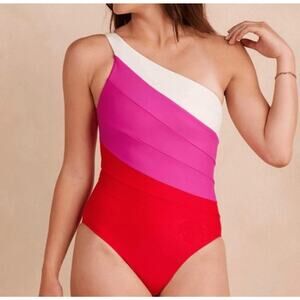 Summersalt Swimsuit Size 2LT Tall Pink Red White Sidestroke One Shoulder Piece